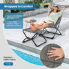 Patio folding sling chair in gray with removable cushion, ergonomic design, ideal for poolside or garden relaxation.