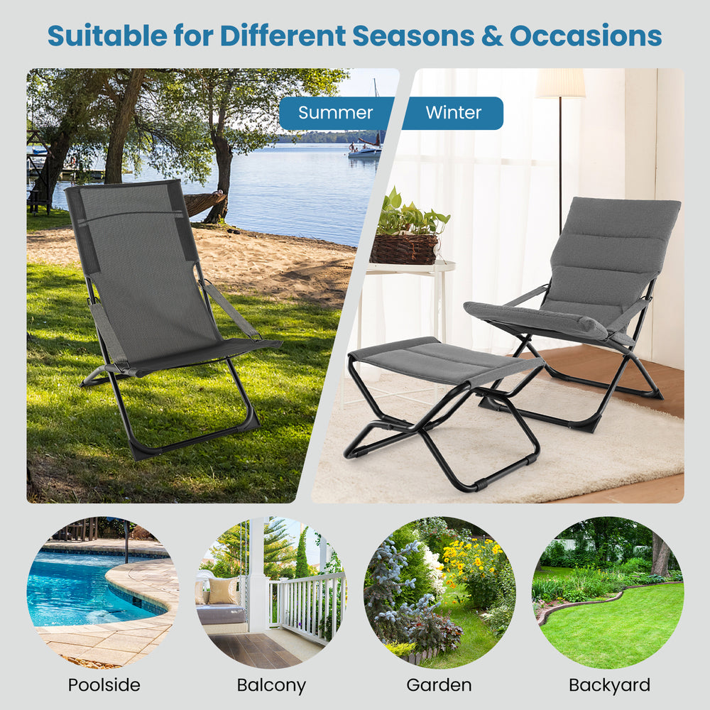 Patio folding sling chair with ottoman footrest in gray, featuring removable cushion for versatile outdoor use.