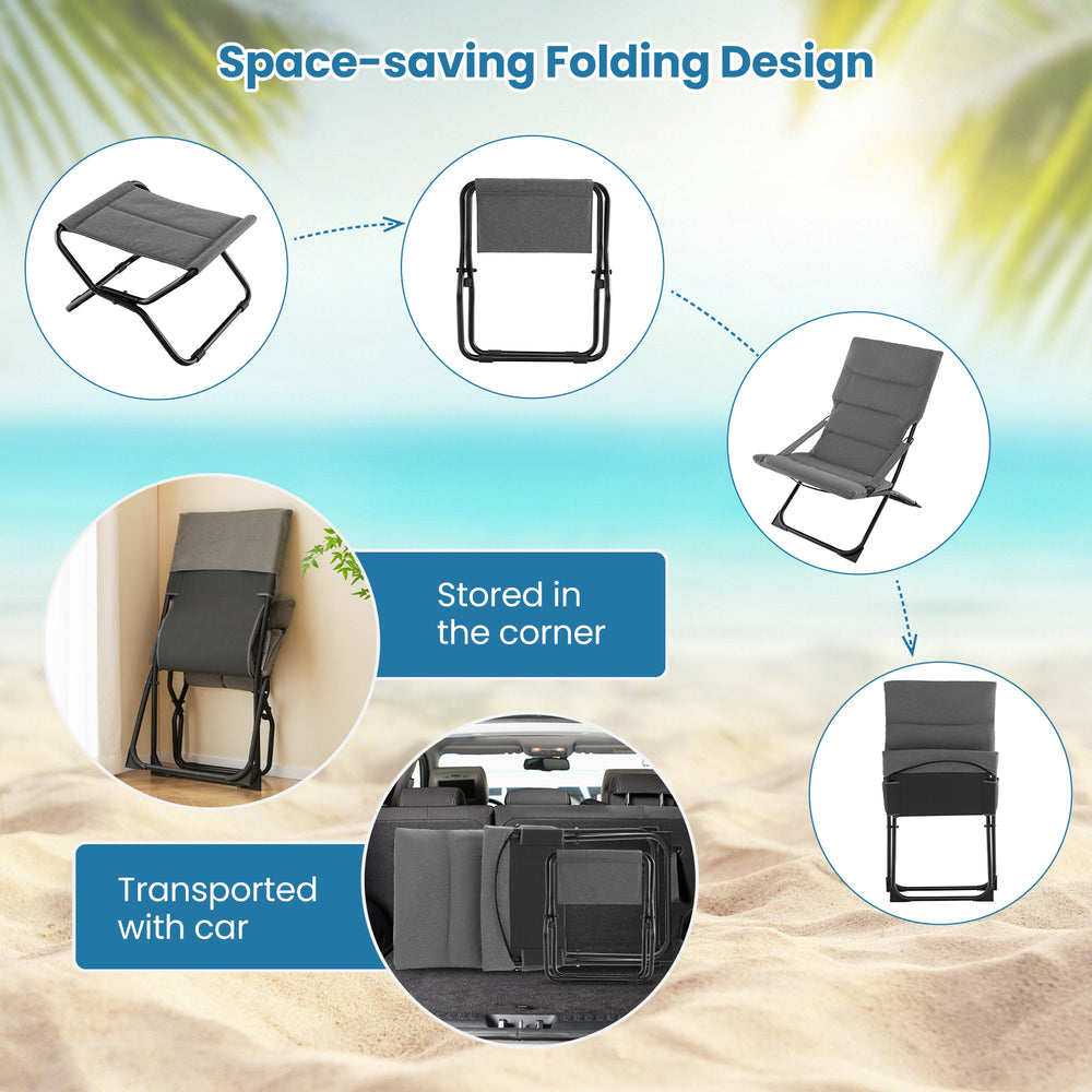 Patio folding sling chair with gray removable cushion, showcasing space-saving design for easy storage and transport.