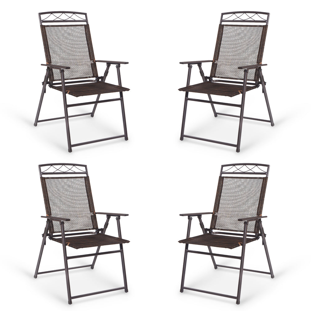 Set of 4 patio folding sling chairs with steel frame, breathable fabric, ideal for outdoor use and easy storage.