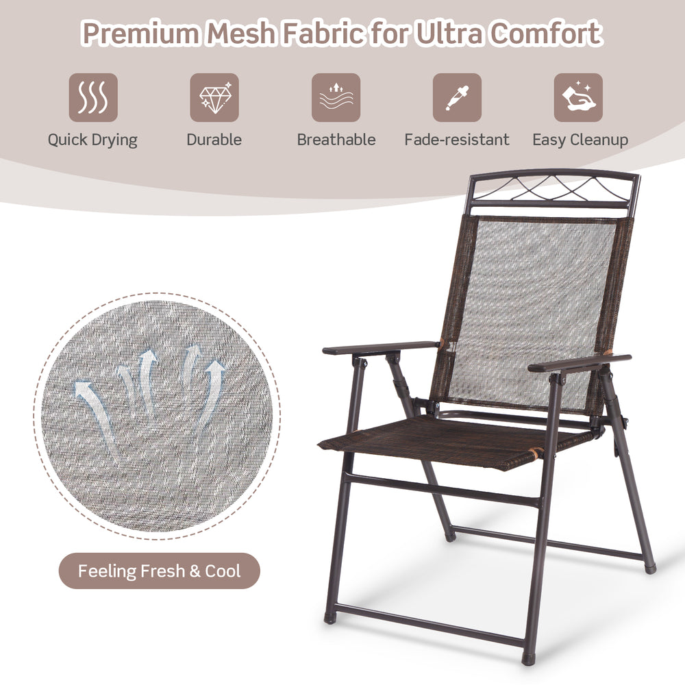 Patio folding sling chair with breathable fabric and durable steel frame, ideal for outdoor relaxation and easy storage.