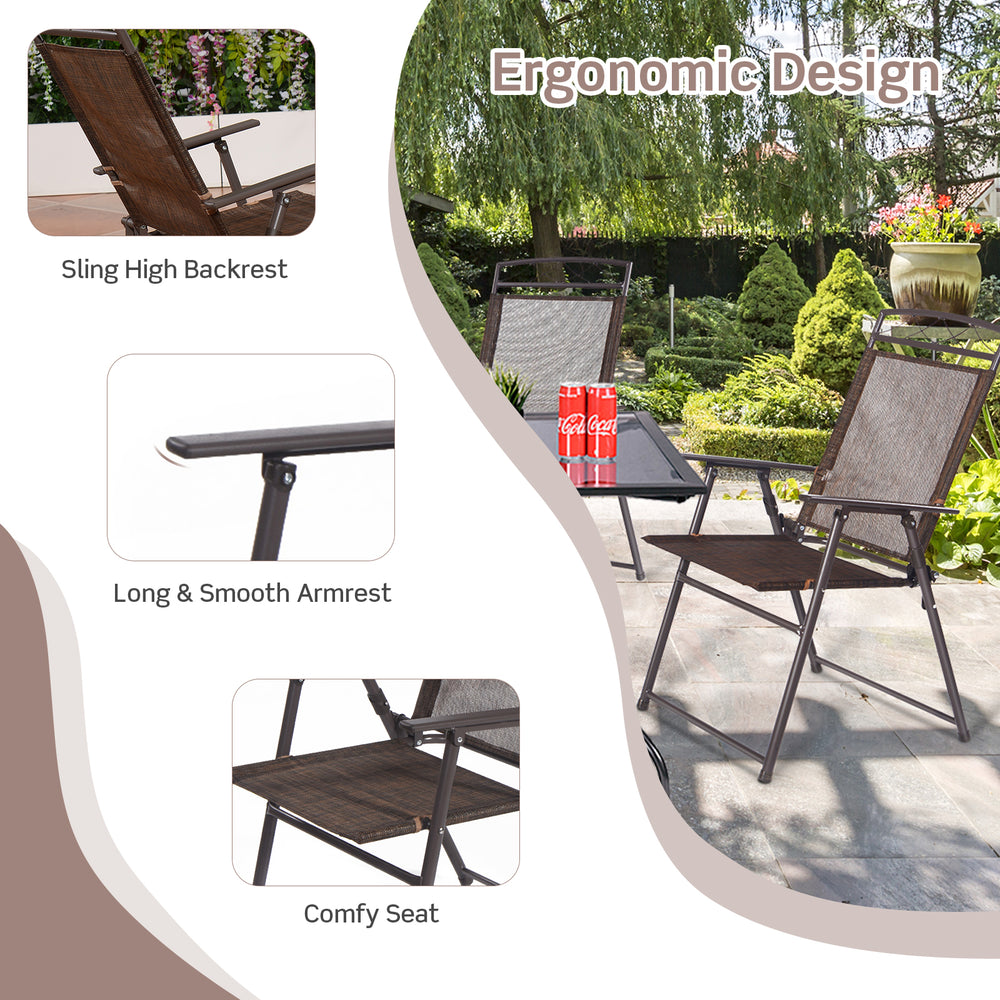 Patio folding sling chair with a high back, steel frame, and comfy seat, perfect for outdoor relaxation.
