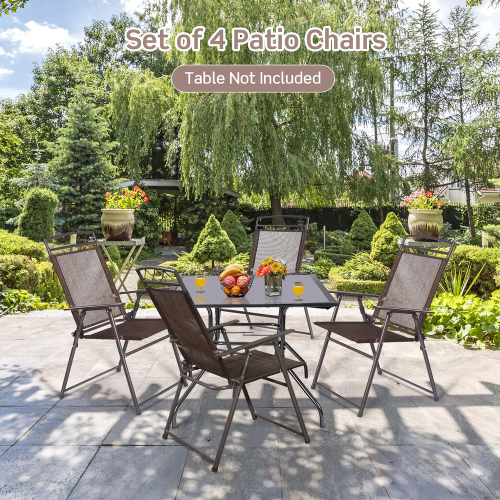 Set of 4 patio folding sling chairs with durable steel frames, ideal for outdoor relaxation in gardens or backyards.