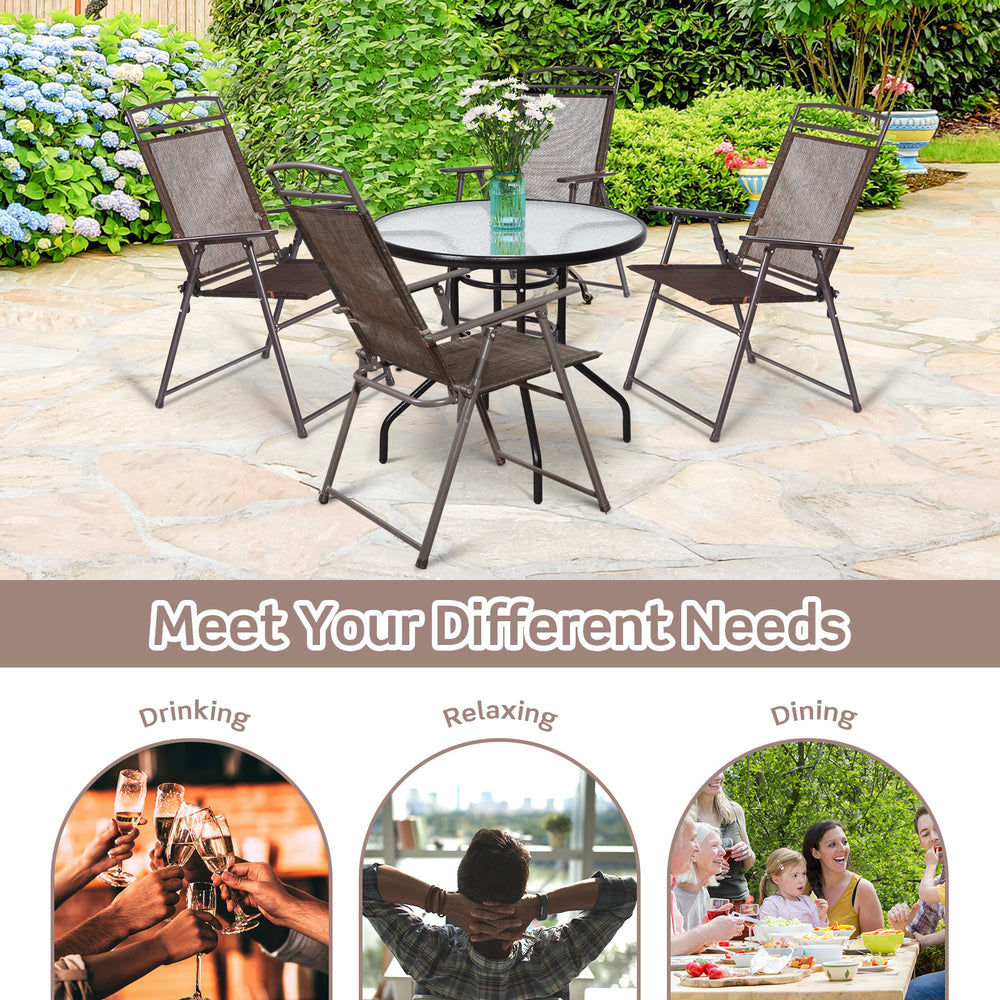 Set of 4 patio folding sling chairs with steel frame, featuring breathable fabric, ideal for outdoor dining and.