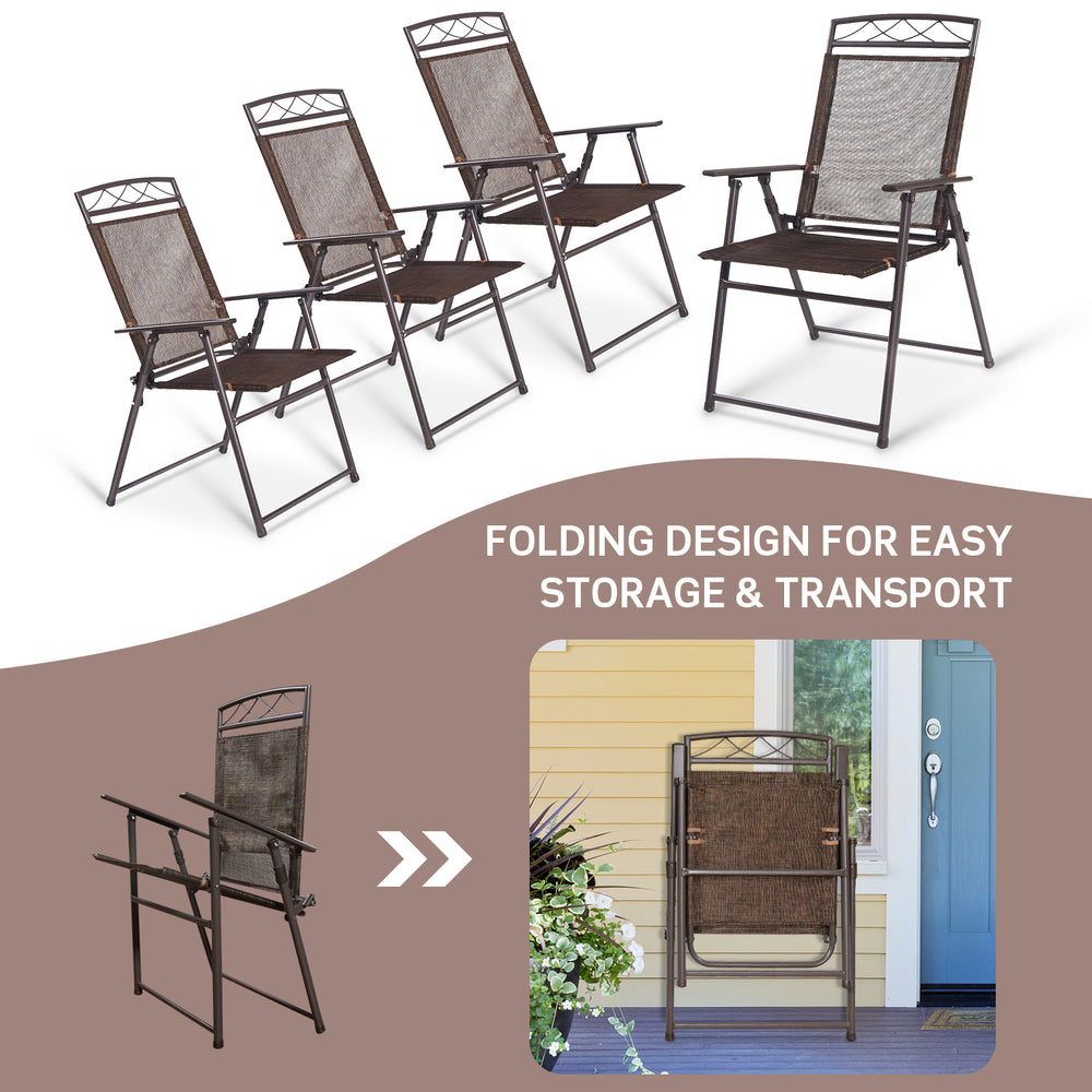 Single patio folding sling chair with armrests and high back, featuring durable steel frame and weather-resistant.