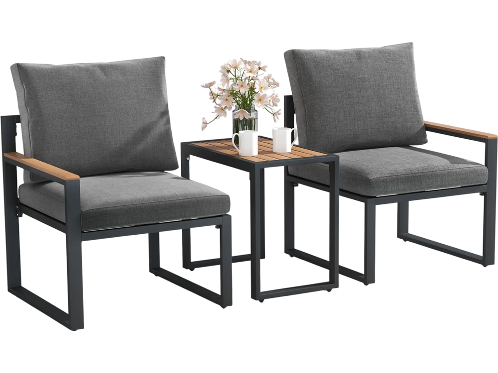 Two gray cushioned chairs with aluminum frames and a WPC tabletop, perfect for outdoor patio conversation by the.