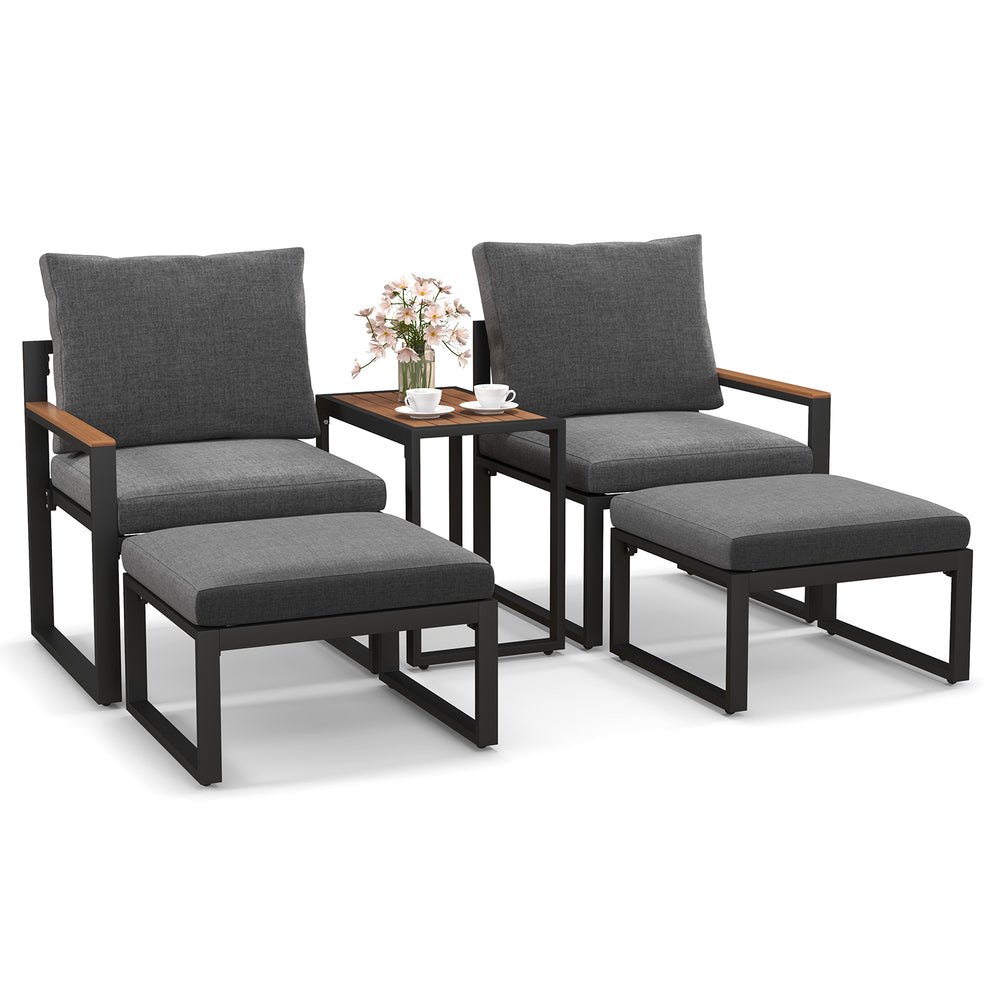 Two gray outdoor chairs with cushions and adjustable footrests, featuring an aluminum frame and WPC tabletop for patio.