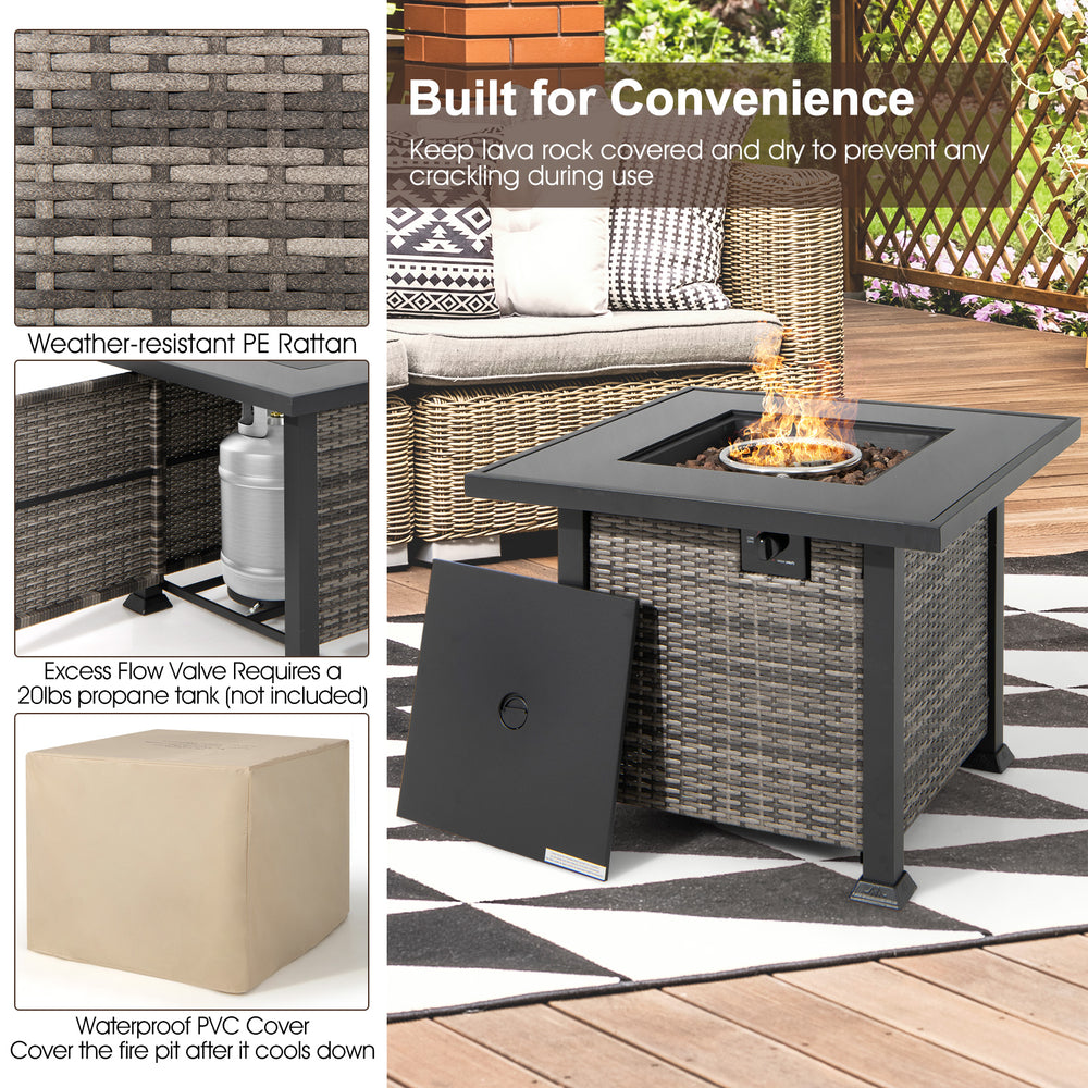 Outdoor propane fire pit table with black tempered glass top and weather-resistant PE rattan for cozy patio gatherings.