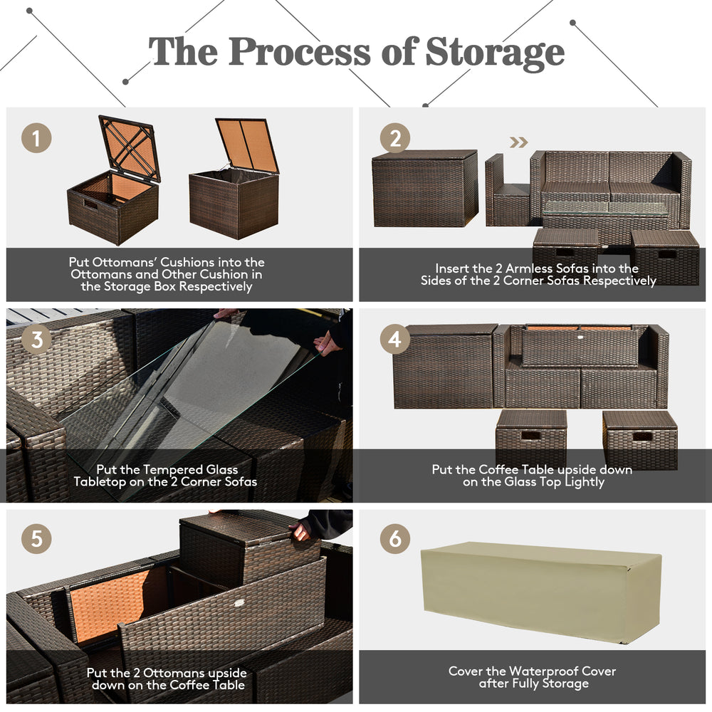 Storage process for the outdoor 9-piece patio furniture set, including ottomans and fire pit table with cushions.