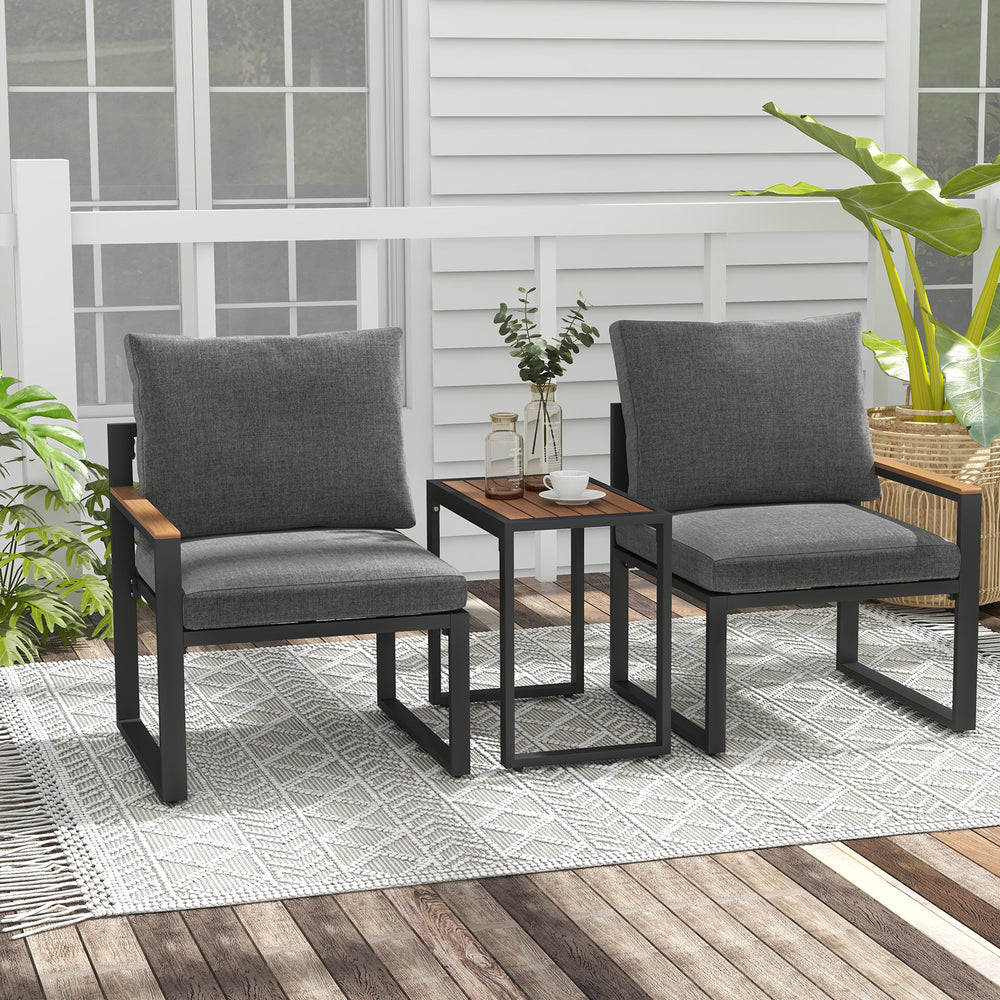 Two gray cushioned chairs with a WPC tabletop, part of a weatherproof outdoor conversation set for patio use.