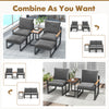 Gray 5-piece outdoor conversation set with aluminum frame, soft cushions, and adjustable ottomans for versatile seating.