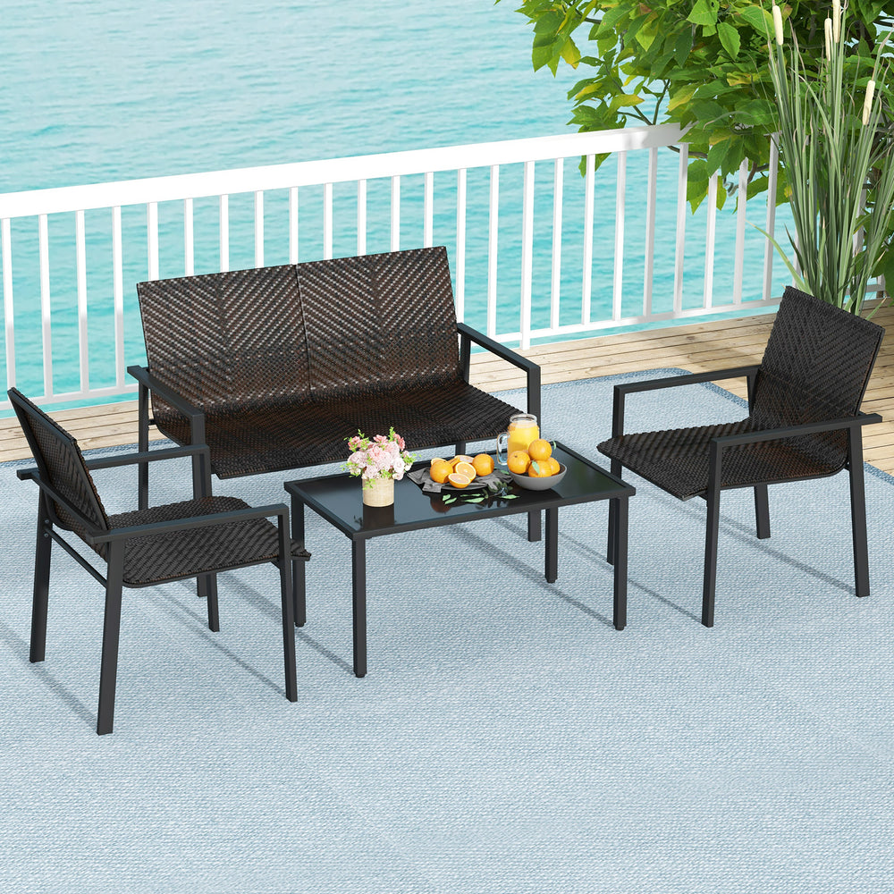 4 Pieces Patio Furniture Set with Heavy Duty Galvanized Metal Frame-Brown - Gallery View 1 of 10