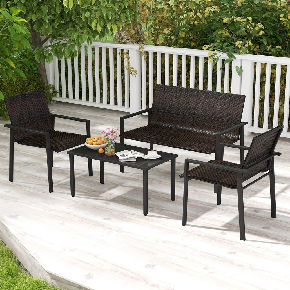 4-piece patio furniture set featuring brown/black PE rattan and a galvanized metal frame, perfect for outdoor.