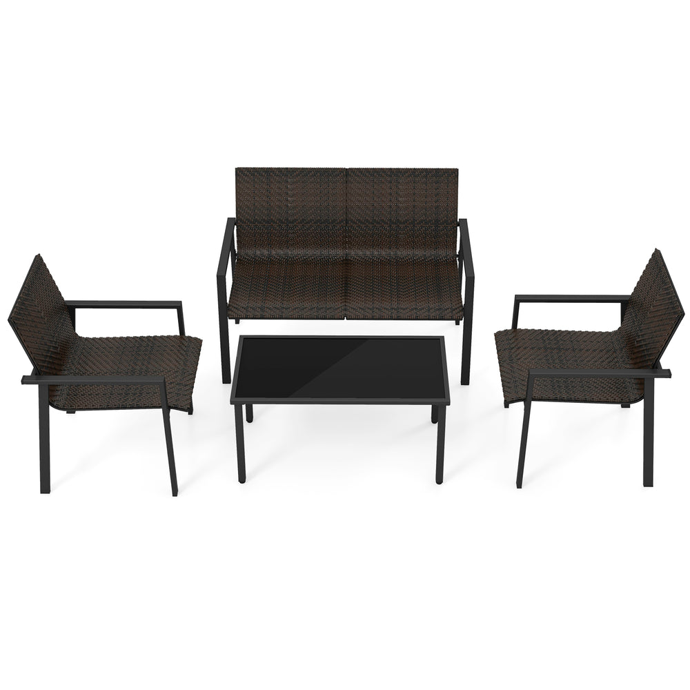 4-piece patio furniture set featuring brown PE rattan and a tempered glass coffee table, ideal for outdoor relaxation.