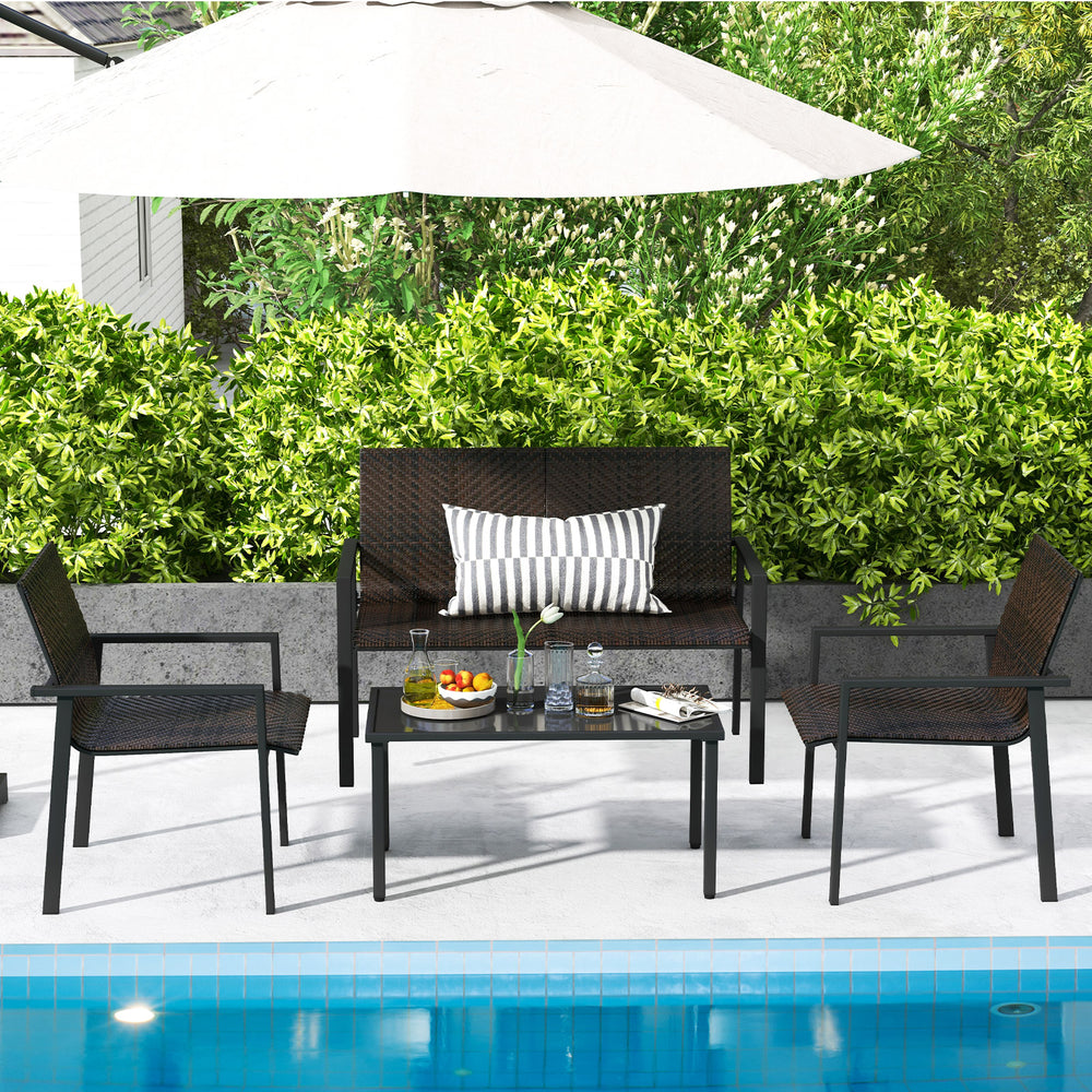 4-piece patio furniture set featuring brown PE rattan and a galvanized metal frame, ideal for poolside relaxation.
