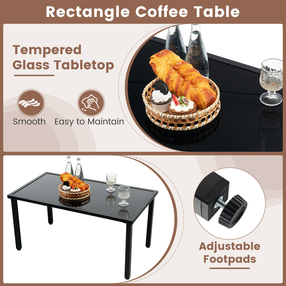 Rectangle coffee table with smooth tempered glass top and adjustable footpads, perfect for outdoor patio use.