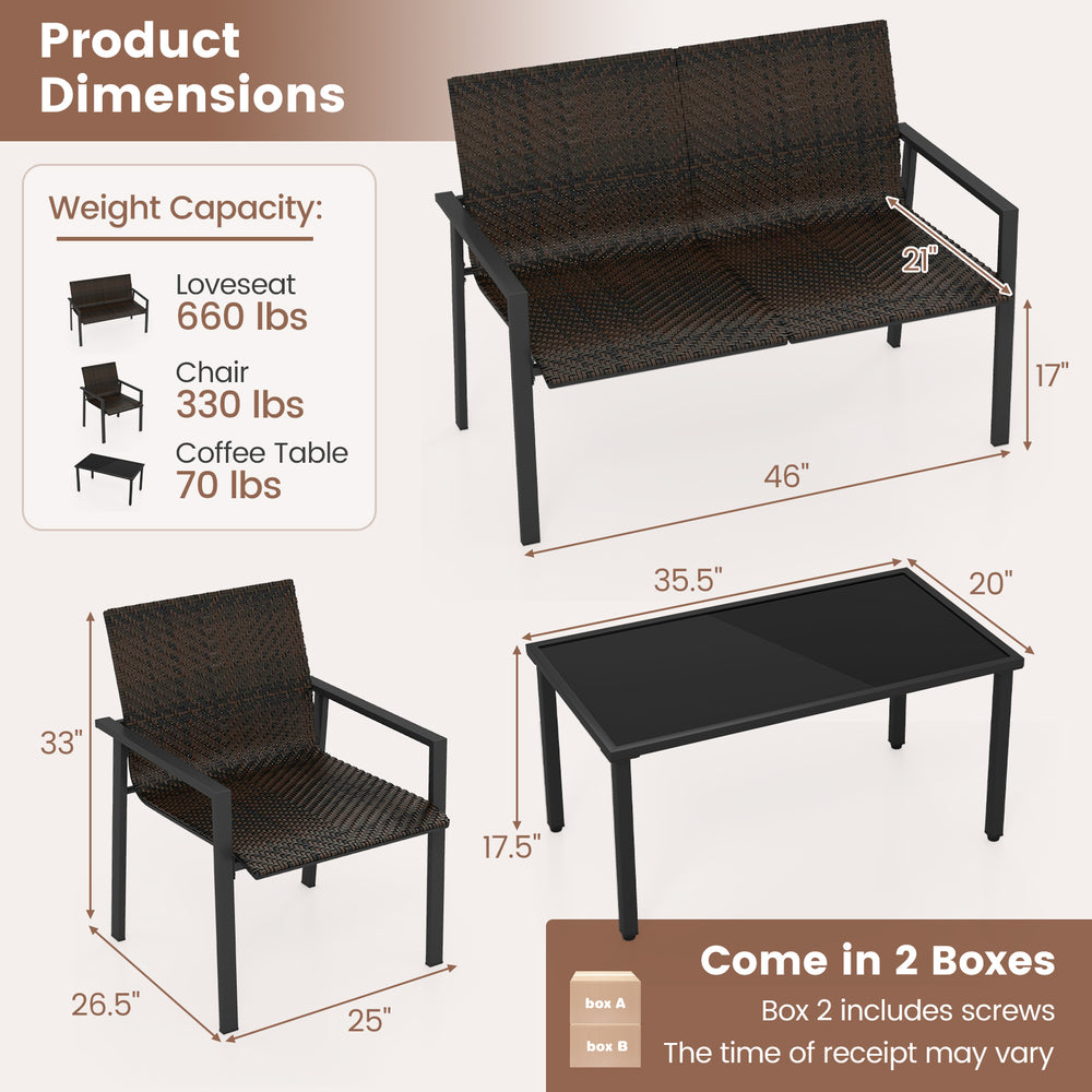 4-piece patio furniture set featuring a brown PE rattan loveseat and coffee table with a tempered glass top for outdoor.