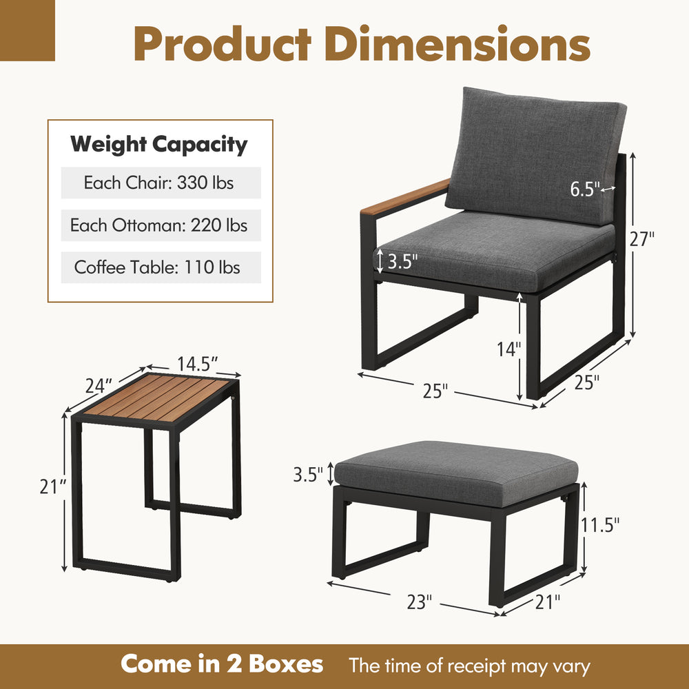 Dimensions of the 5-piece aluminum frame outdoor conversation set with gray cushions and WPC tabletop for versatile.
