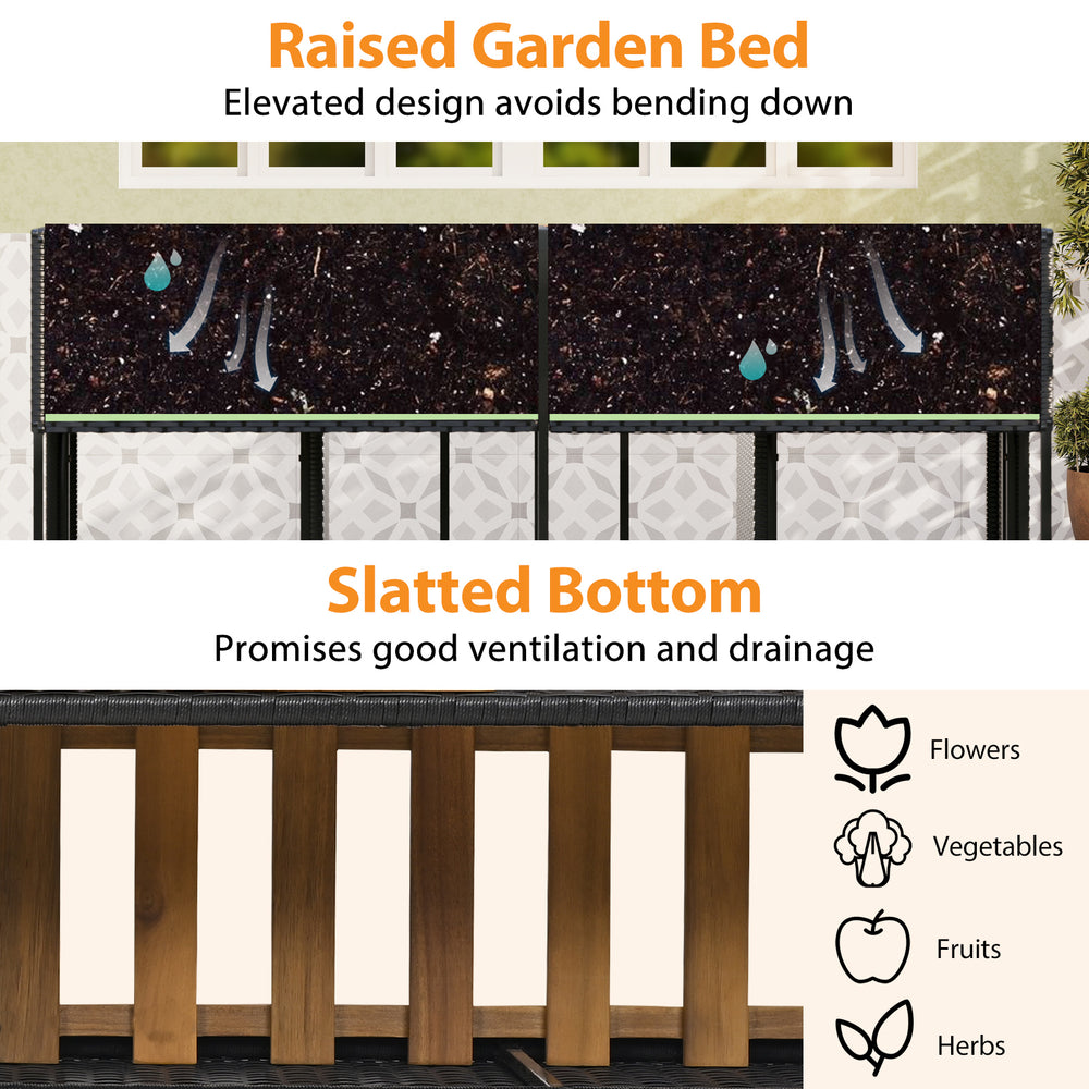 Raised garden bed with slatted bottom, made of durable PE rattan and acacia wood, ideal for outdoor use in patios and.