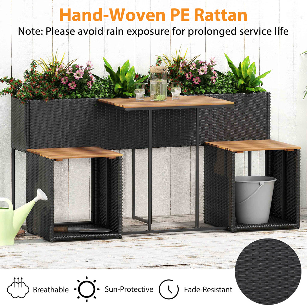 Patio furniture set featuring a raised garden bed with slatted bottom, made of sun-proof PE rattan and acacia wood.