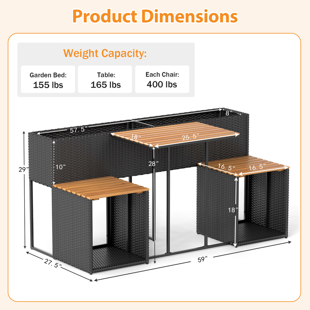 Patio furniture set dimensions showing raised garden bed and integrated seats, made of PE rattan and acacia wood for.