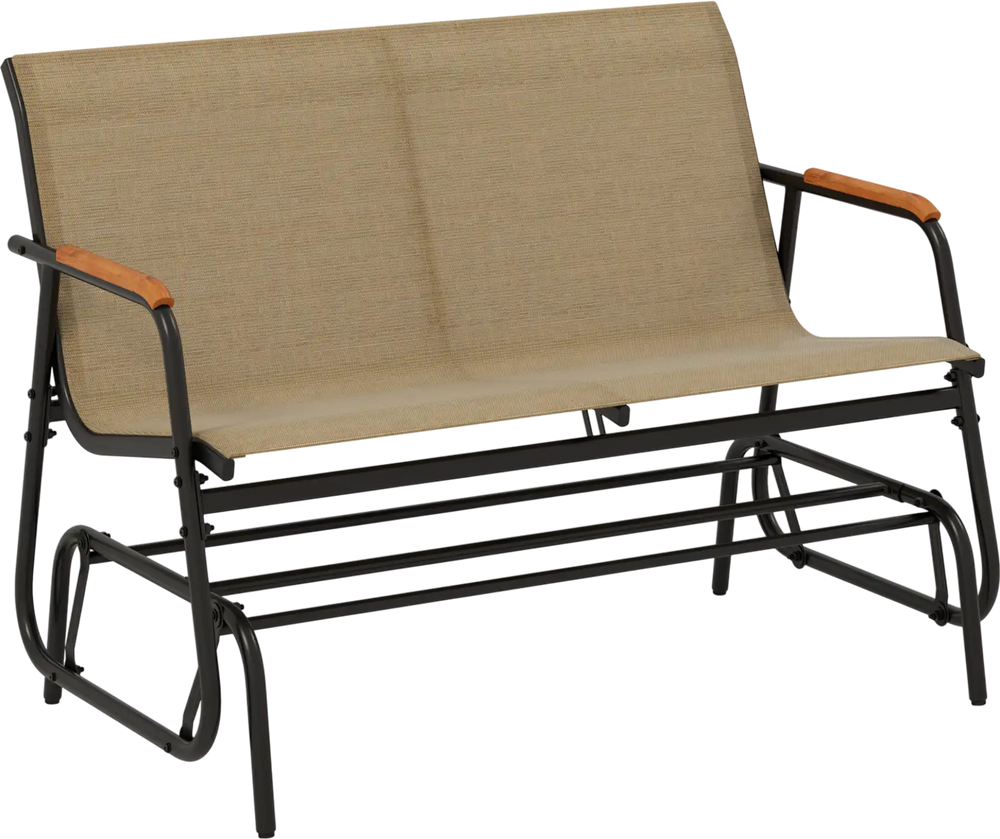 Patio glider bench for 2 with breathable fabric seat and curved teak armrests, ideal for backyard or porch relaxation.