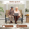 Patio glider bench for 2 with curved teak armrests, breathable fabric seat, and gentle gliding motion for outdoor.