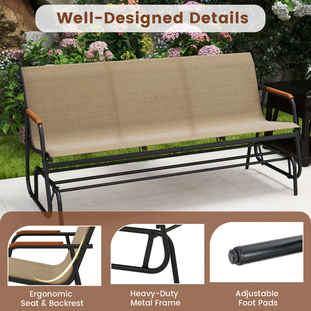 Patio glider bench with curved teak armrests and breathable fabric seat, designed for comfort and stability in outdoor.