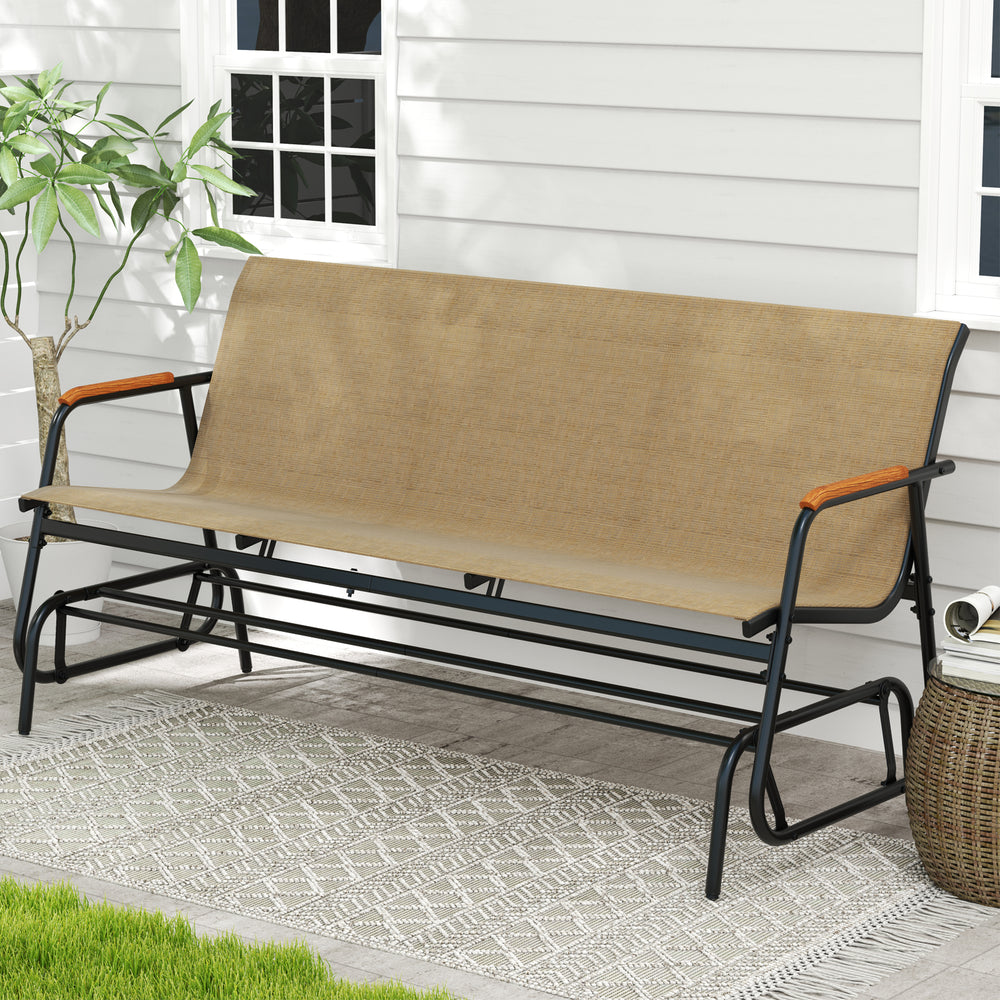 Patio glider bench showcasing a breathable fabric seat and robust metal frame, ideal for front porch or backyard use.
