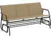 Patio glider bench with curved teak armrests and breathable fabric seat, designed for 3 people, perfect for outdoor.