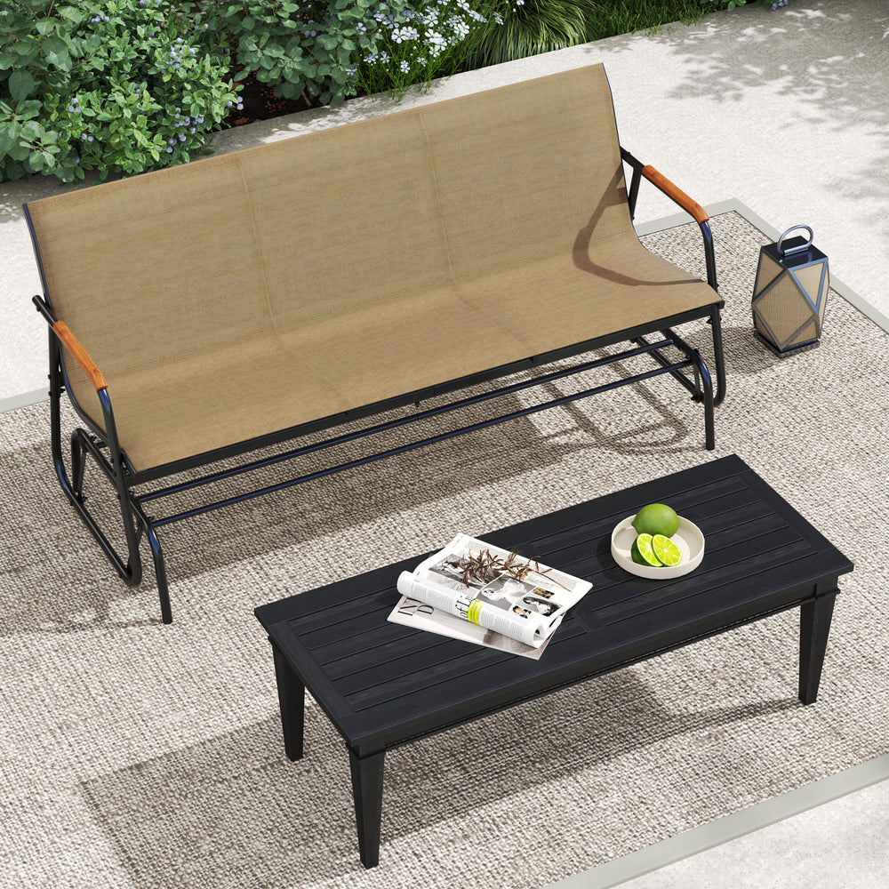 Patio glider bench with curved teak armrests and breathable fabric seat, perfect for backyard relaxation.