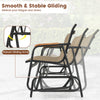 Patio glider bench with curved teak armrests and breathable fabric seat, designed for comfort and stability for 3.