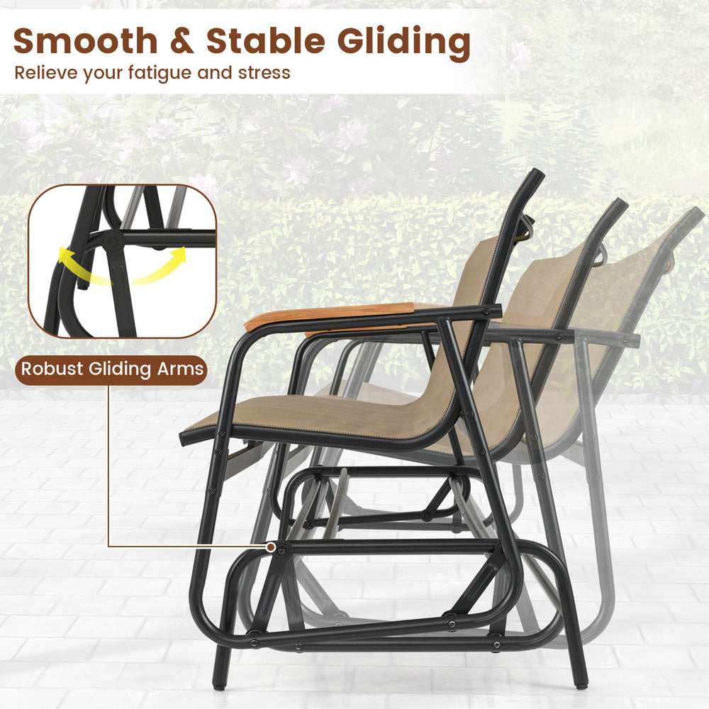Patio glider bench with curved teak armrests and breathable fabric seat, designed for comfort and stability for 3.