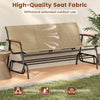 Patio glider bench with curved teak armrests and breathable fabric seat, perfect for outdoor relaxation and comfort.