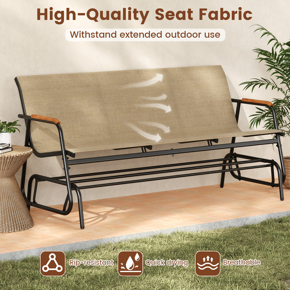 Patio glider bench with curved teak armrests and breathable fabric seat, perfect for outdoor relaxation and comfort.