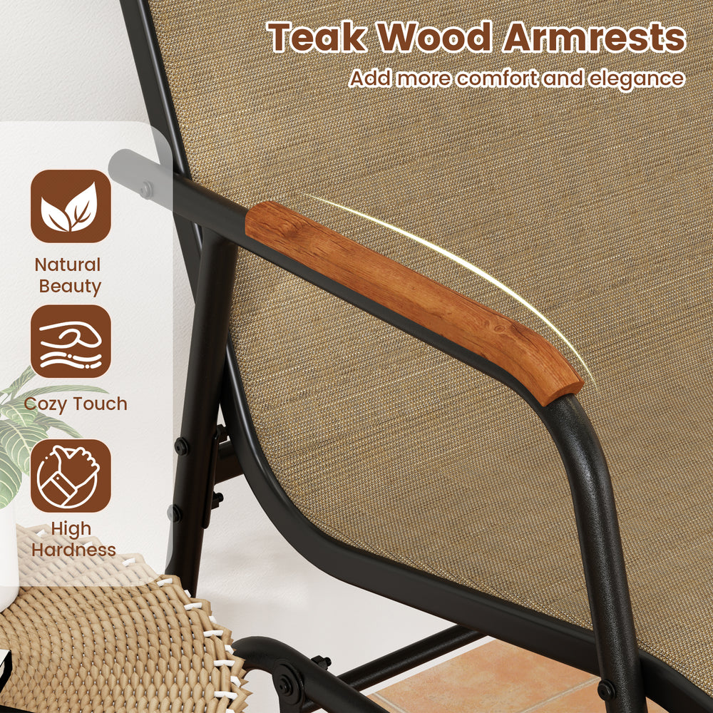 Teak wood armrests on a patio glider bench enhance comfort and elegance, perfect for outdoor relaxation.