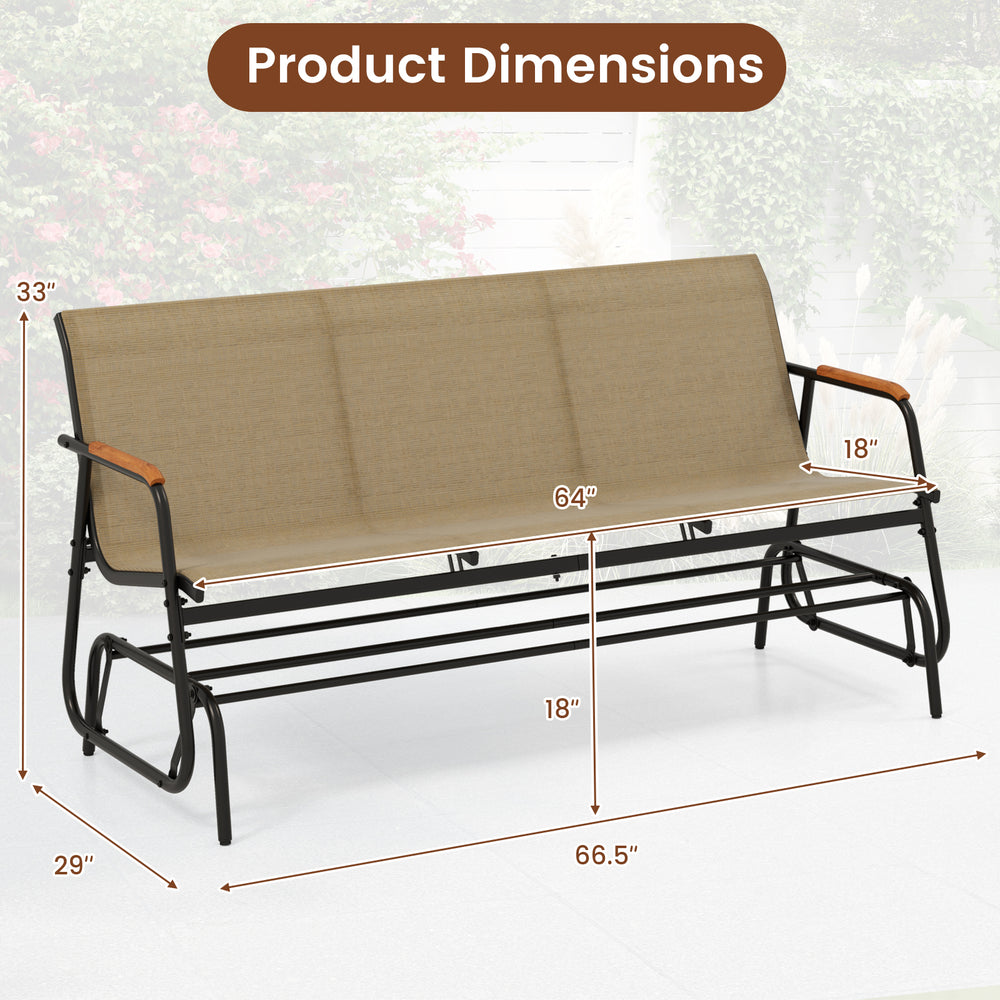 Patio glider bench with curved teak armrests, breathable fabric seat, dimensions 64" x 29" x 33", ideal for outdoor use.