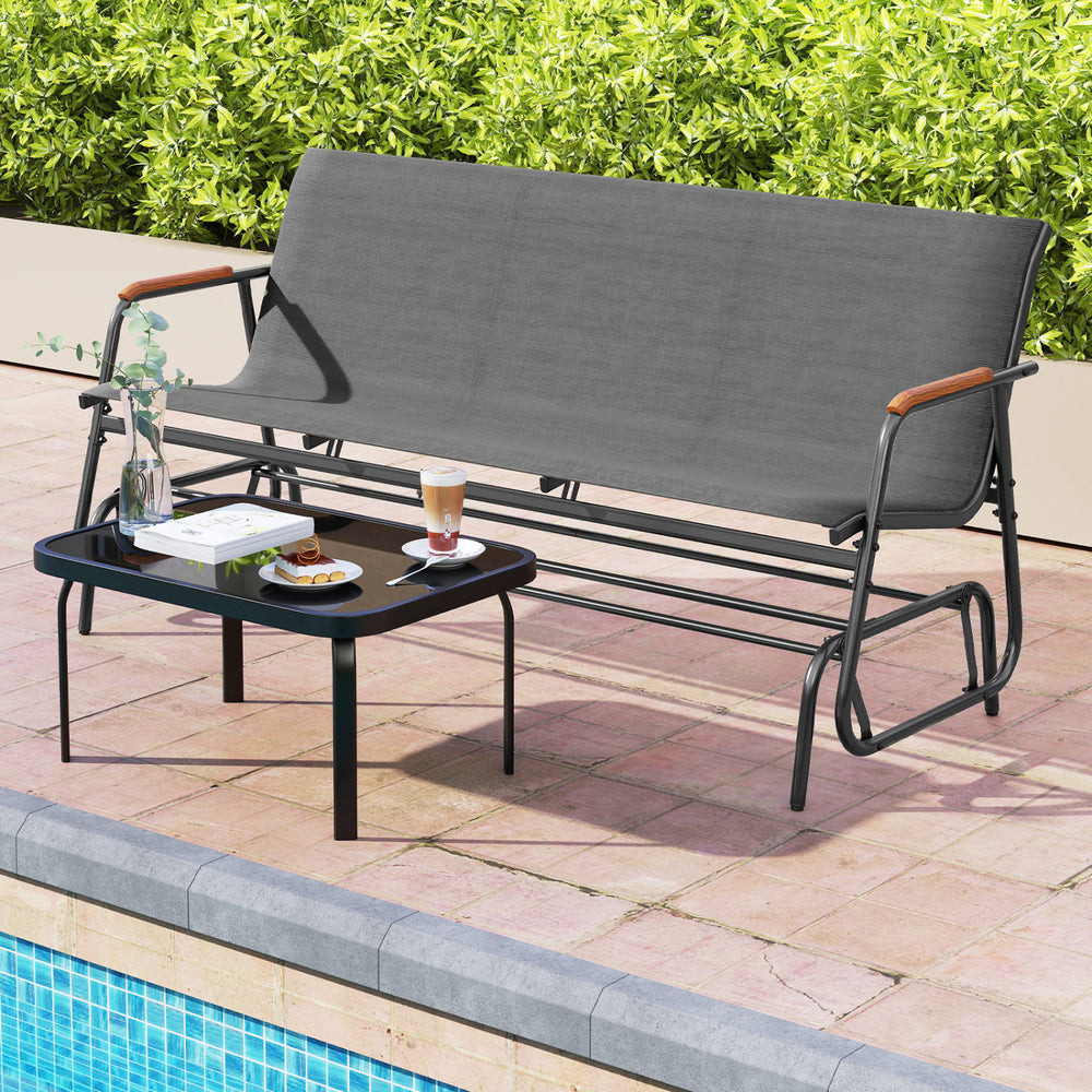 Patio Glider Bench with Curved Teak Armrests and Breathable Fabric Seat for 3 People-Grey - Gallery View 1 of 10