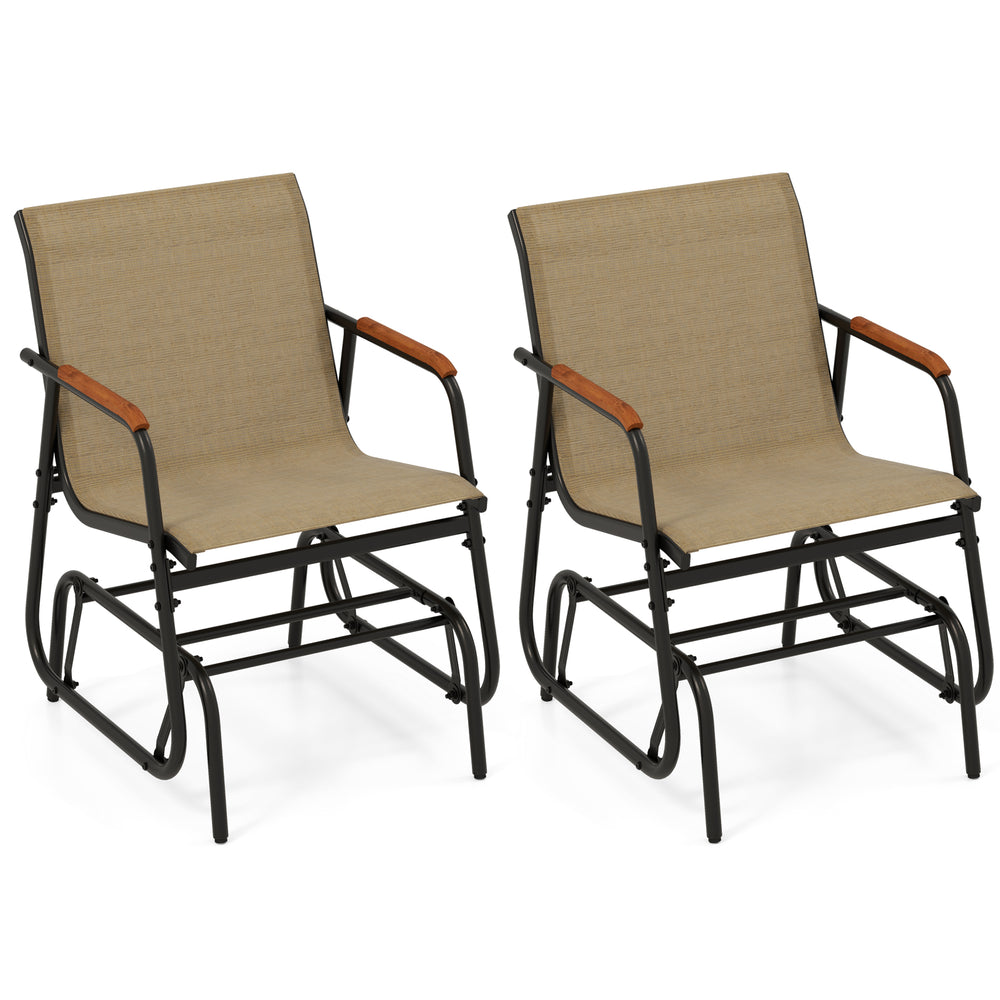 Set of 2 patio glider chairs with curved teak armrests and breathable fabric seats, perfect for outdoor relaxation.