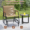 Patio glider chair with curved teak armrests and breathable fabric, perfect for outdoor relaxation by the poolside.