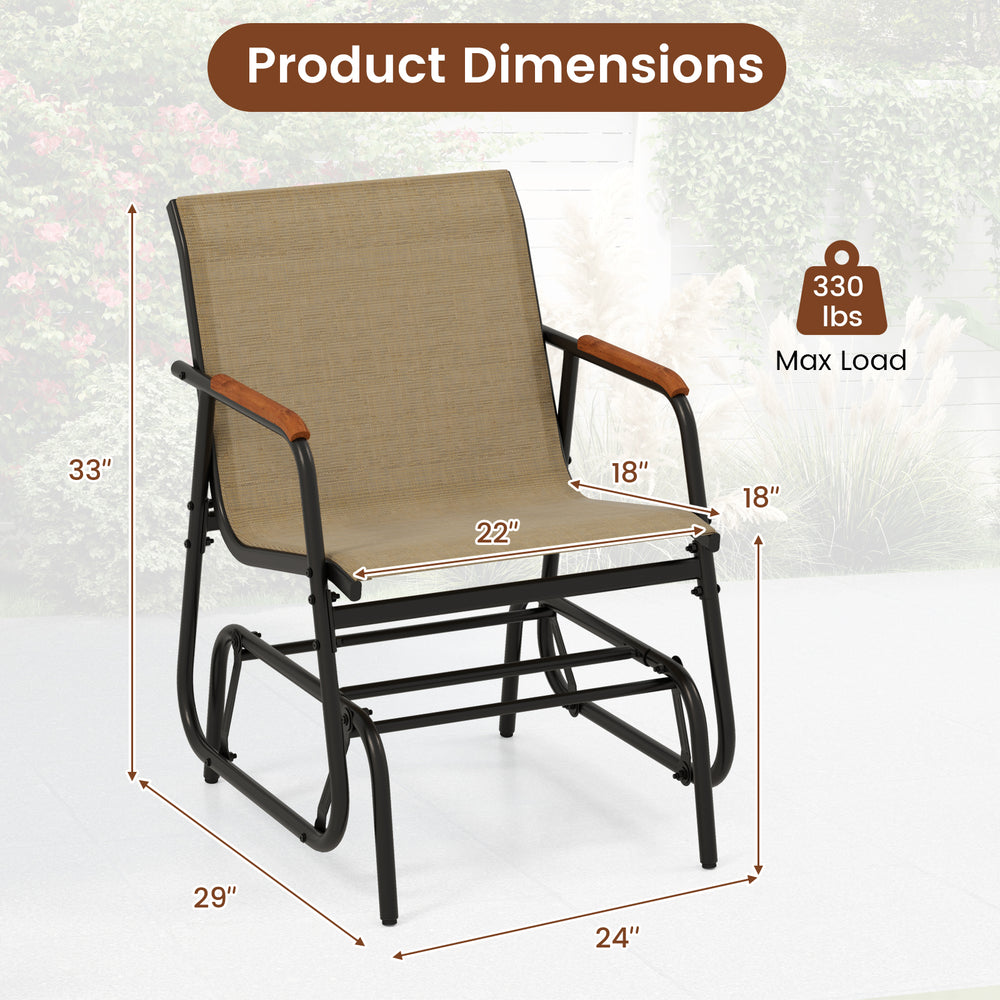 Patio glider chair dimensions with curved teak armrests and breathable fabric seat, supports up to 330 lbs for outdoor.