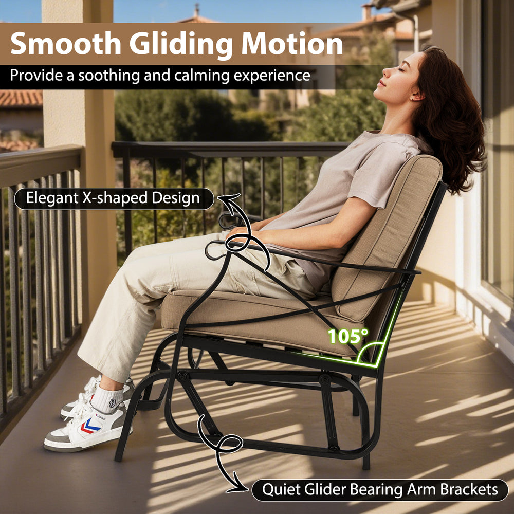 Patio glider rocking chair with a metal frame and thick brown cushions, featuring a 105° inclined backrest for.