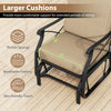 Patio glider rocking chair with thick brown cushions, metal frame, and ergonomic design for comfortable outdoor seating.
