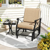 Patio glider rocking chair with thick brown cushions and metal frame, perfect for outdoor relaxation on a porch or.