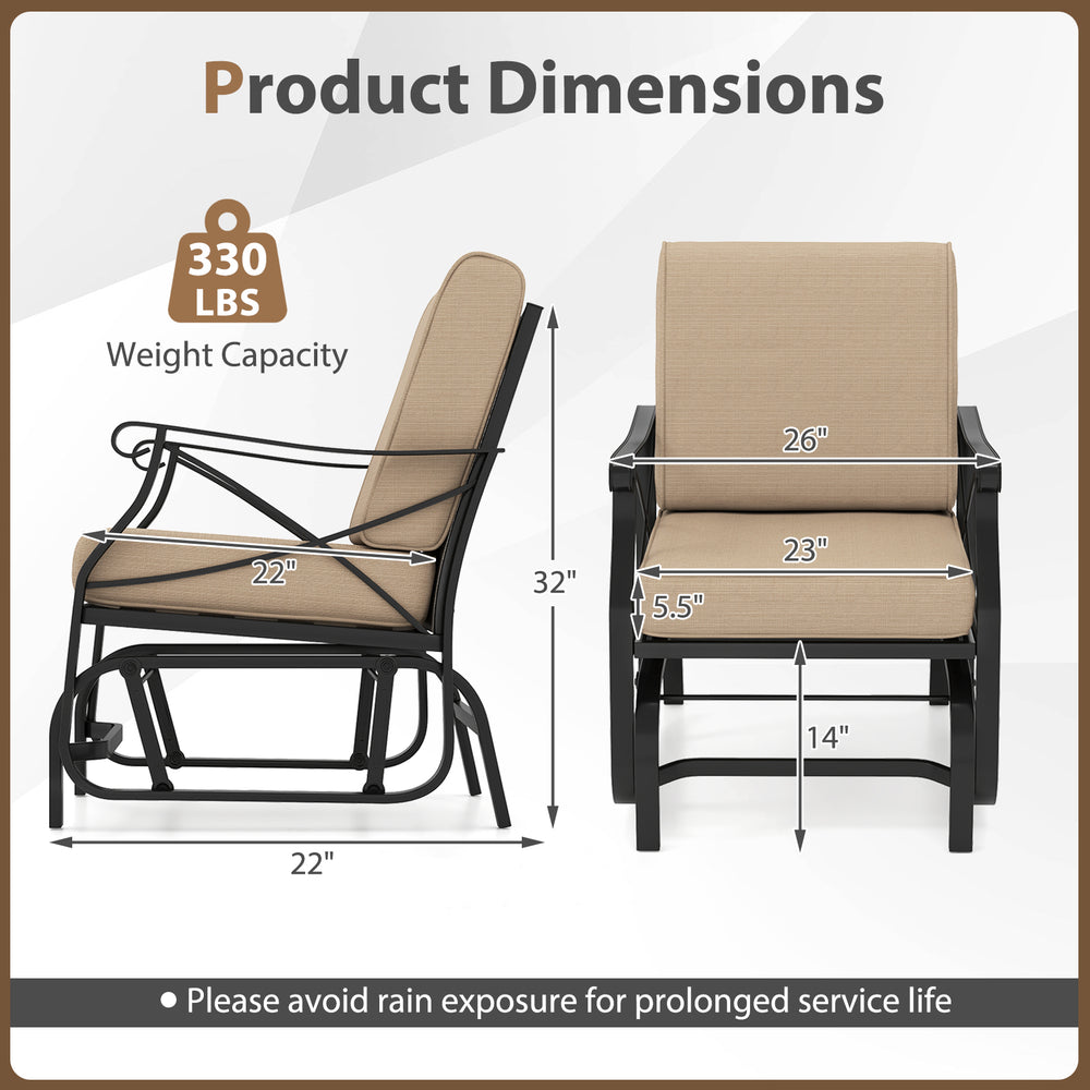 Patio glider rocking chair dimensions showing a sturdy metal frame, thick cushions, and ergonomic design for outdoor.