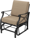 Patio glider rocking chair with a sturdy metal frame and thick brown cushions, perfect for outdoor relaxation.
