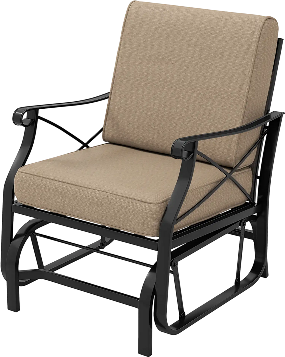 Patio glider rocking chair with a sturdy metal frame and thick brown cushions, perfect for outdoor relaxation.