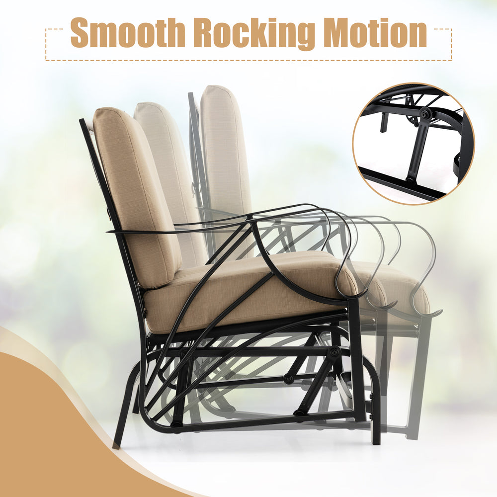 Patio glider rocking chair in tan with thick cushion and curved armrests, designed for comfortable outdoor relaxation.