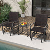 Two brown patio gliding chairs with a tempered glass coffee table, perfect for backyard relaxation by the poolside.
