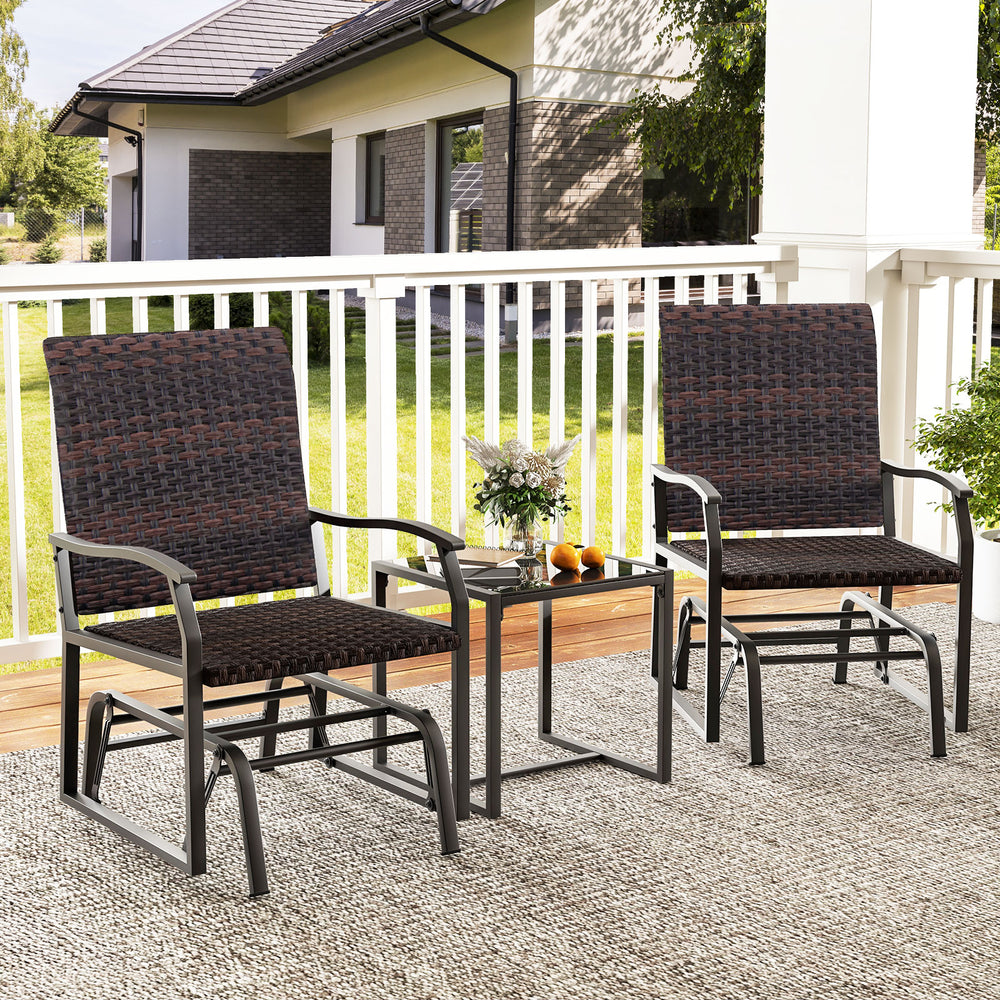 Angled view of the 3 Piece Patio Gliding Set showcasing the elegant brown rattan and sturdy metal frame, ideal for.